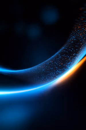 Futuristic neon data wave centered on a dark blue background with glowing blue and orange data dots, ultra HD image.