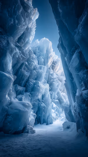 Cinematic ice cave interior in cool blue tones, ultra HD 8K image optimized for OLED displays.