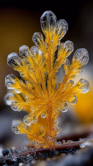 Luminous macro ice crystal fern on a dark golden background in intricate macro aesthetic, ultra hd