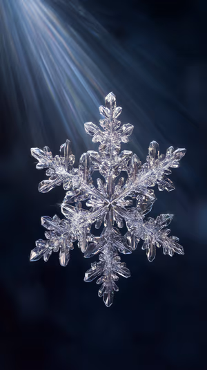Macro snowflake crystal centered on a deep blue background with soft light beams ultra HD 8K phone background.