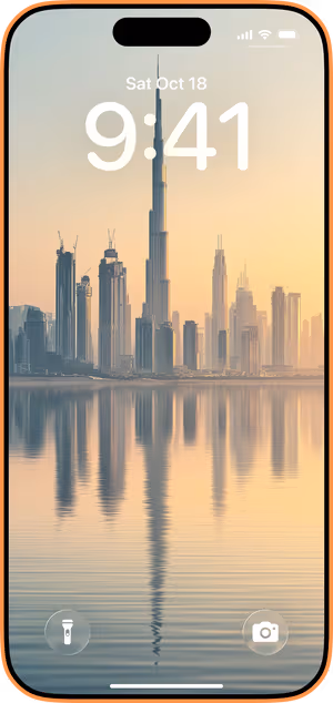 Wallpaper preview on iPhone 17 Pro Max running iOS 26 - Pastel Dubai Sunrise