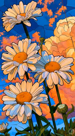 Illustrated daisies centered on a blue background in bold painted aesthetic.