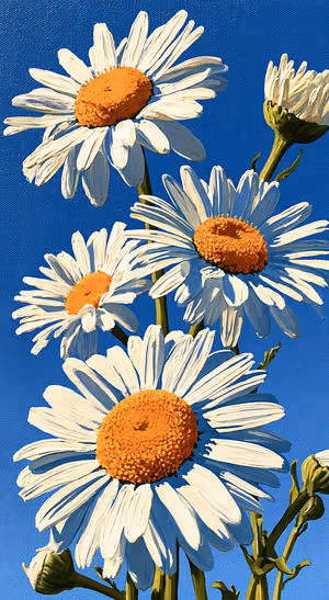 Impressionist daisies on a cobalt blue background in a painterly aesthetic.