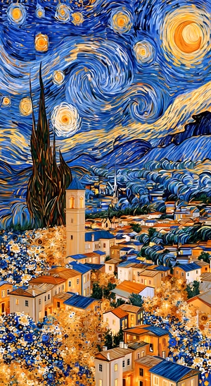 Impressionist village landscape with swirling blue skies, golden stars, and a tall cypress tree