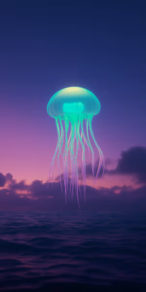 Neon surreal jellyfish floating above a purple ocean at twilight with glowing cyan tentacles ultra HD image.