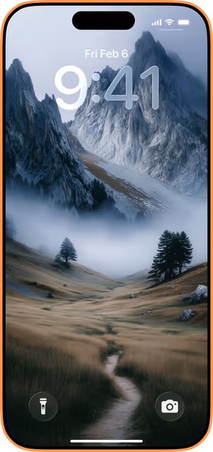 Wallpaper preview on iPhone 17 Pro Max running iOS 26 - Misty Alpine Trail