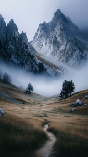 Cinematic misty mountain path centered on a golden meadow background in a moody, cinematic aesthetic ultra hd 8K