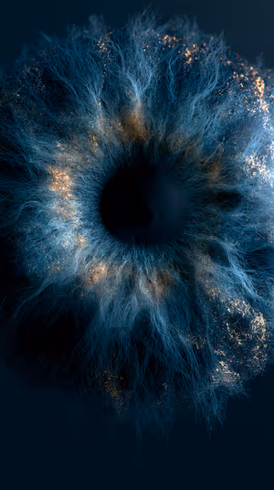 Ethereal abstract iris ring on deep blue field with fiber textures and gold flecks, ultra HD 8K