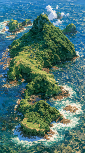 Painterly coastal island centered on green and blue seascape in illustrative aesthetic, ultra hd 8K background for iPhone.