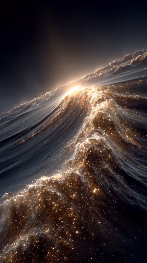 Abstract golden wave centered on a dark background with shimmering stardust particles in an abstract aesthetic, ultra hd 8K