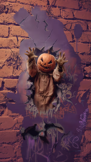 Urban graffiti jack o' lantern scarecrow centered on a ripped purple and orange brick wall ultra hd 8K spooky aesthetic.