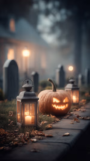 Moody Halloween jack o' lanterns and candlelit lanterns on a foggy orange black graveyard path, ultra hd 8K background.