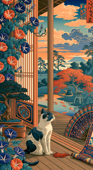 Vintage calico cat in Japanese woodblock style on a teal and coral garden background.