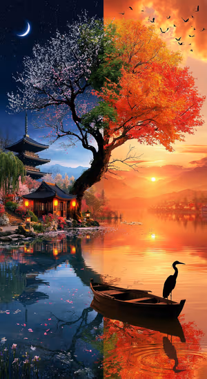 Fantasy Japanese lake landscape in blue and orange tones with a temple, tree, boat, and sunset reflections.