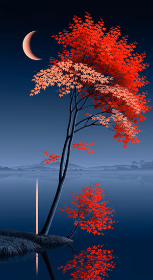 Japanese maple tree in a Japanese aesthetic with red leaves against a deep blue moonlit background.