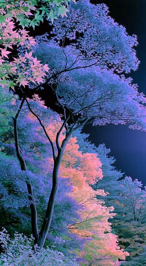 Surreal neon Japanese maple trees layered across a violet, pink, and blue background.