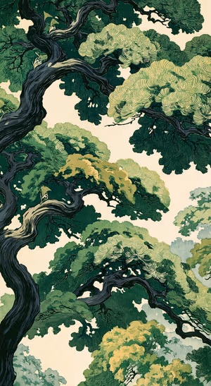 Japanese woodblock pine trees on a green and cream background in a vintage ink aesthetic
