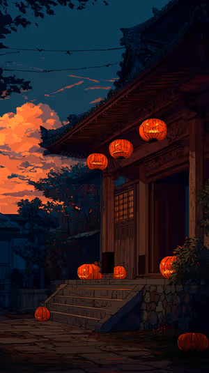 Cinematic Japanese temple with glowing jack o' lanterns centered on an orange teal dusk background in a moody aesthetic.