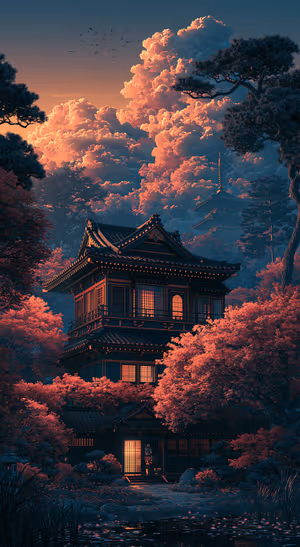 Coral Temple Forest — iPhone lock screen wallpaper