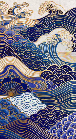 Navy Gold Japanese Wave — iPhone lock screen wallpaper