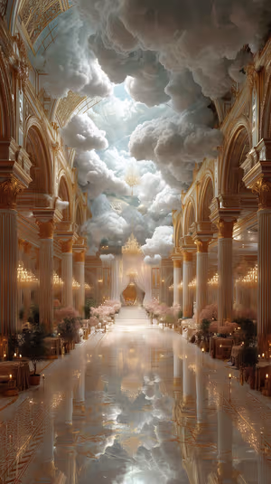 Ornate palace interior with mirrored marble floor and floating clouds on rich gold tones ultra HD 8K image.