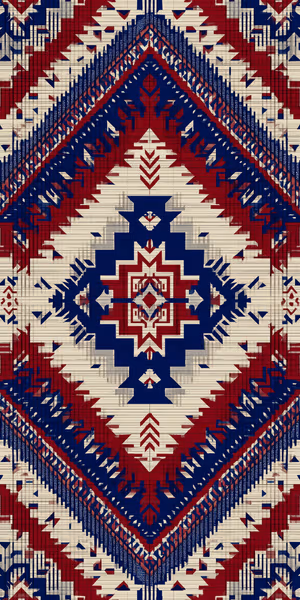 Bold Aztec textile diamond pattern on red, navy, and cream background with woven texture in a geometric aesthetic, ultra HD image.