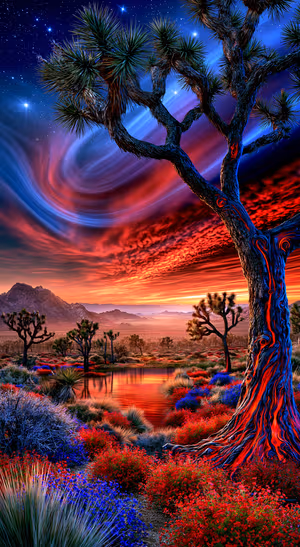 Surreal Joshua tree landscape centered on a red and blue background in desert aesthetic.