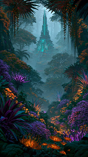 Cyberpunk neon jungle temple centered on a teal purple misted background in a luminescent sci fi aesthetic, ultra HD 8K.