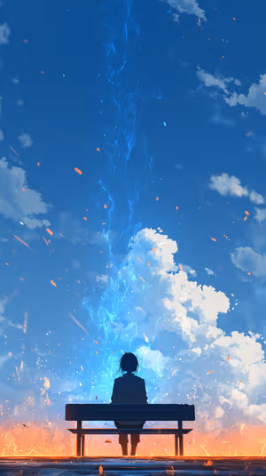Anime silhouette on a bench centered against a blue and orange sky with a towering blue energy column ultra HD image