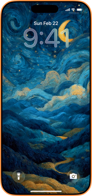 Wallpaper preview on iPhone 17 Pro Max running iOS 26 - Starry Crescent Hills