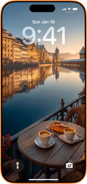 Wallpaper preview on iPhone 17 Pro Max running iOS 26 - riverside morning coffee