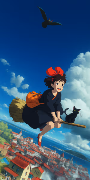 Anime style broom flight with witch and cat over a blue coastal sky ultra HD 8K phone background.