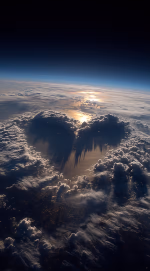 Celestial aerial heart shaped cloud centered on golden blue horizon in a dramatic space aesthetic, ultra HD image