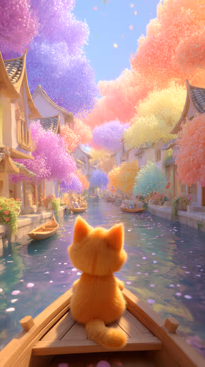 Kawaii pastel illustration of a fluffy orange kitten in a wooden boat on a pastel canal ultra HD 8K background.