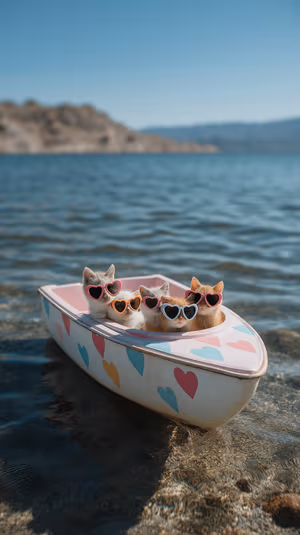Pastel cute kittens with heart shaped sunglasses in a heart patterned boat on a clear blue lake ultra HD image.