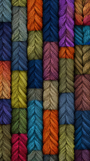 Braided knit patchwork texture centered on a multicolored background in a cozy tactile aesthetic, ultra hd image
