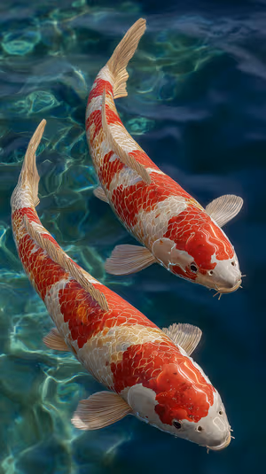 Realistic koi fish pair centered on a teal green pond background with shimmering scales ultra HD image.