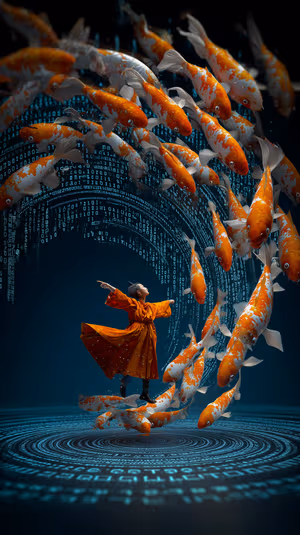 Surreal digital koi and dancer centered on an orange and white background in a cinematic, hypnotic aesthetic.