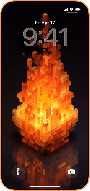 Wallpaper preview on iPhone 17 Pro Max running iOS 26 - Voxel Flame Cube