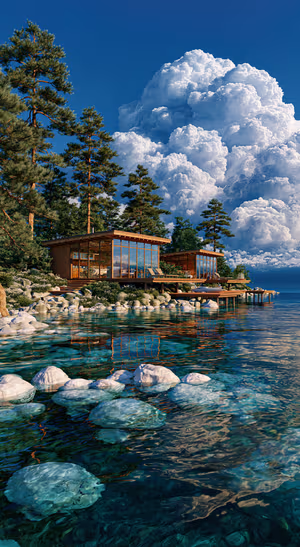 Photoreal lakeside cabin on teal blue water beneath towering cumulus clouds ultra HD 8K background