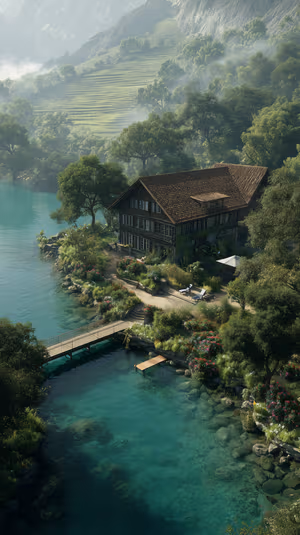 Rustic alpine lakeside chalet beside a turquoise lake with wooden bridge and flowering gardens; ultra HD 8K background.
