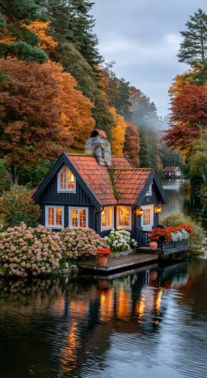 Autumn lakeside cottage in a scenic style on a blue gray background with fall foliage