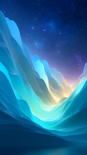 Digital abstract nightscape of turquoise and teal waves forming mountain like shapes beneath a starry sky, ultra HD image