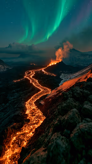 Cinematic volcanic lava river beneath a green aurora sky in emerald and ember tones, ultra hd 8K background.