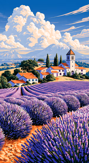 Painterly lavender field and village centered on a purple blue background in a scenic aesthetic.