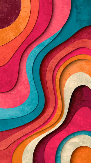 Textured paper cut layered waves in teal, pink, orange and cream tones, ultra HD abstract background for iPhone.