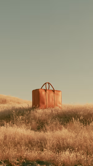 Minimalist leather duffel centered on warm golden brown field with muted sage sky, ultra HD image