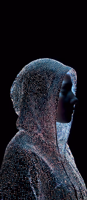 Futuristic LED dotted hooded portrait on a deep black background with neon blue accents, ultra hd image