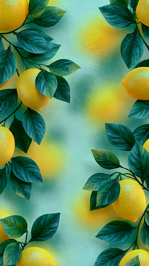 Painterly botanical lemon branches centered on a teal green textured background in a vibrant citrus aesthetic, ultra HD.