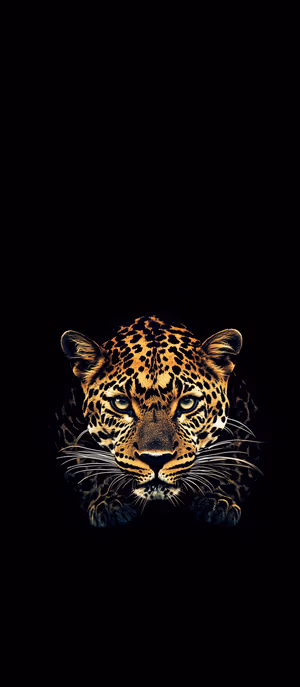 Dark mode leopard centered on a black background with glowing green eyes and golden fur, ultra HD background.